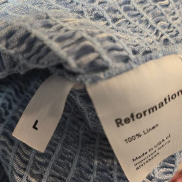 Reformation Maple Linen Blue Smocked Peasant Puff Sleeve Crop Blouse Size Large - Picture 7 of 8